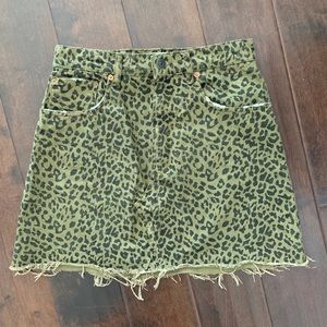 ZARA High Waisted Denim Skirt Olive Green Leopard